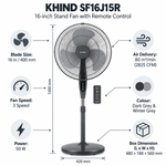 Load image into Gallery viewer, KHIND SF16J15R 16-Inch Pedestal Stand Fan with Remote Control, 3 Speeds, 50W, Dark Grey & Winter Grey