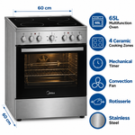 Load image into Gallery viewer, Midea VC6814 60x60cm Freestanding Electric Ceramic Cooking Range, 4 Cooking Zones, 65L Multifunction Oven, Stainless Steel