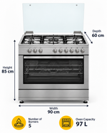 Load image into Gallery viewer, Whirlpool 90x60cm 5 Burner Freestanding Gas Cooker, 97L Gas Oven & Grill, Cast Iron, Inox – WM9GC1KCX/MEA - Teq Souq