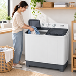 Load image into Gallery viewer, Hisense XPB100-SXA14 10kg Semi-Automatic Twin Tub Washing Machine – Top Load, Spin Dryer, Lint Filter, White/Grey - Teq Souq