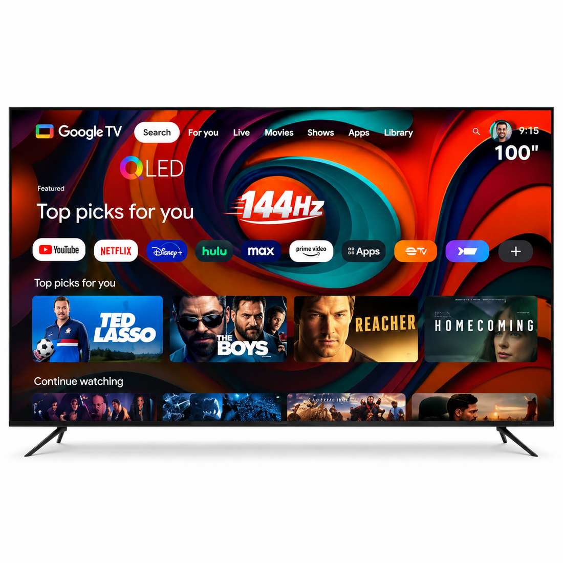 Videocon 100-Inch QLED 4K UHD Google Smart TV – Quantum Dot Colour, Dolby Audio, Google Voice Remote, Chromecast, Bluetooth, Edgeless Display, Black (E100QLGT1100) - Teq Souq
