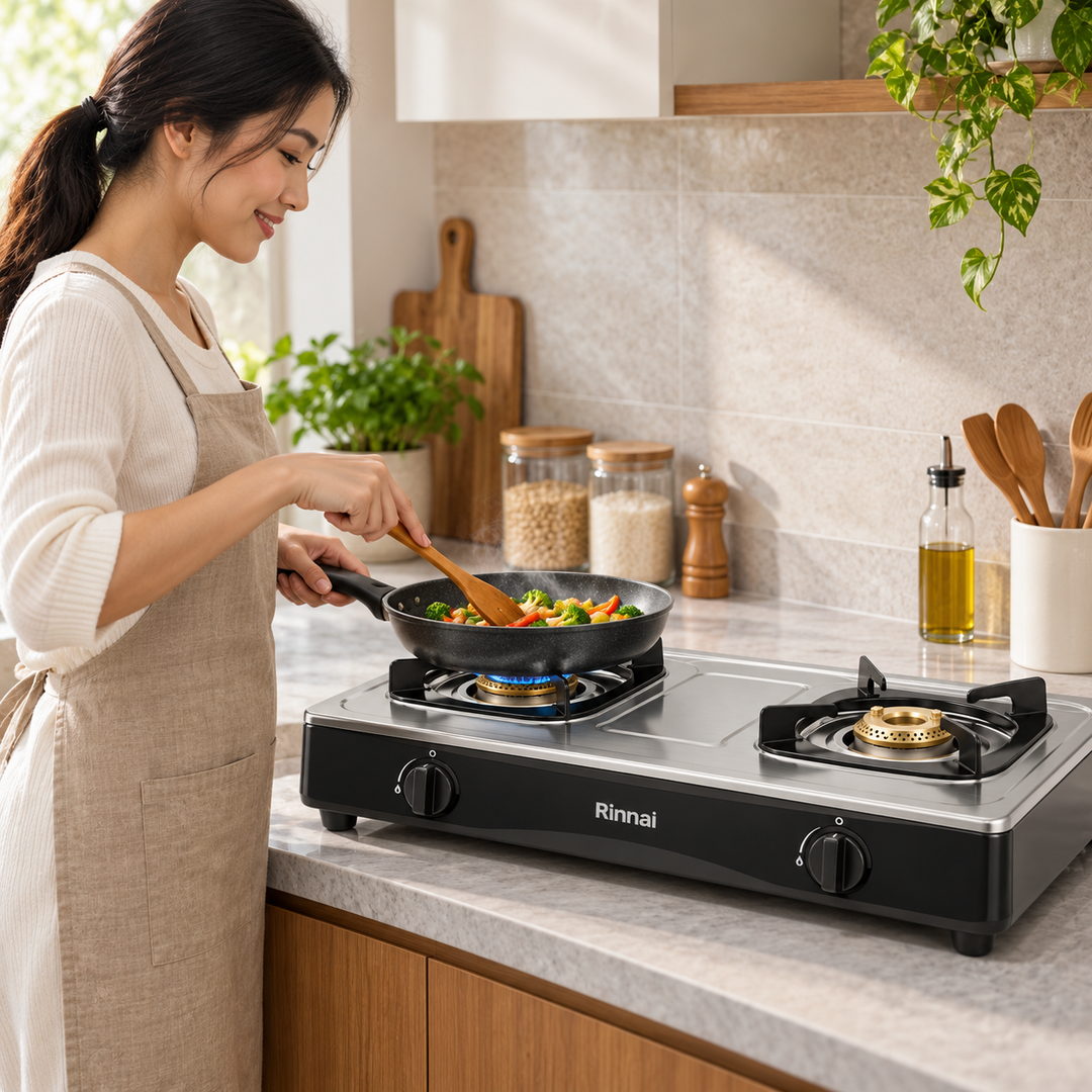 Rinnai RV-210RI 2-Burner Tabletop Gas Stove – Brass Burners, Stainless Steel, Silver