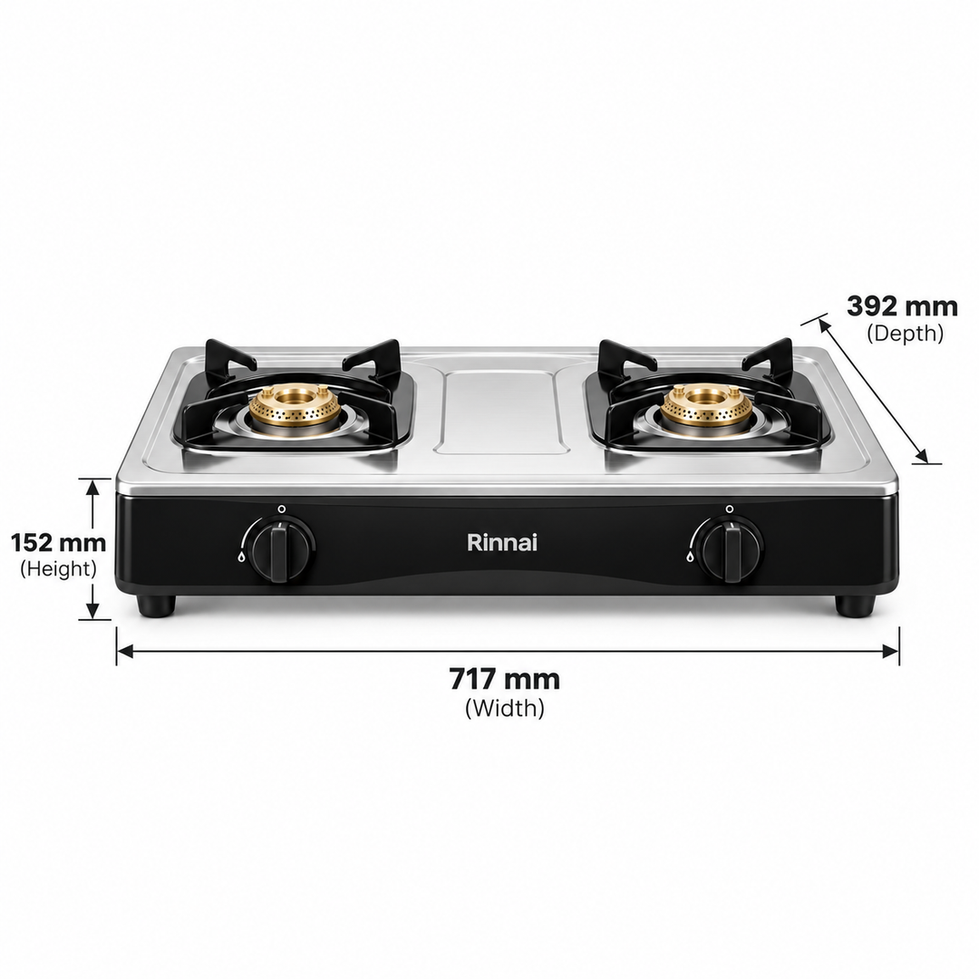 Rinnai RV-210RI 2-Burner Tabletop Gas Stove – Brass Burners, Stainless Steel, Silver