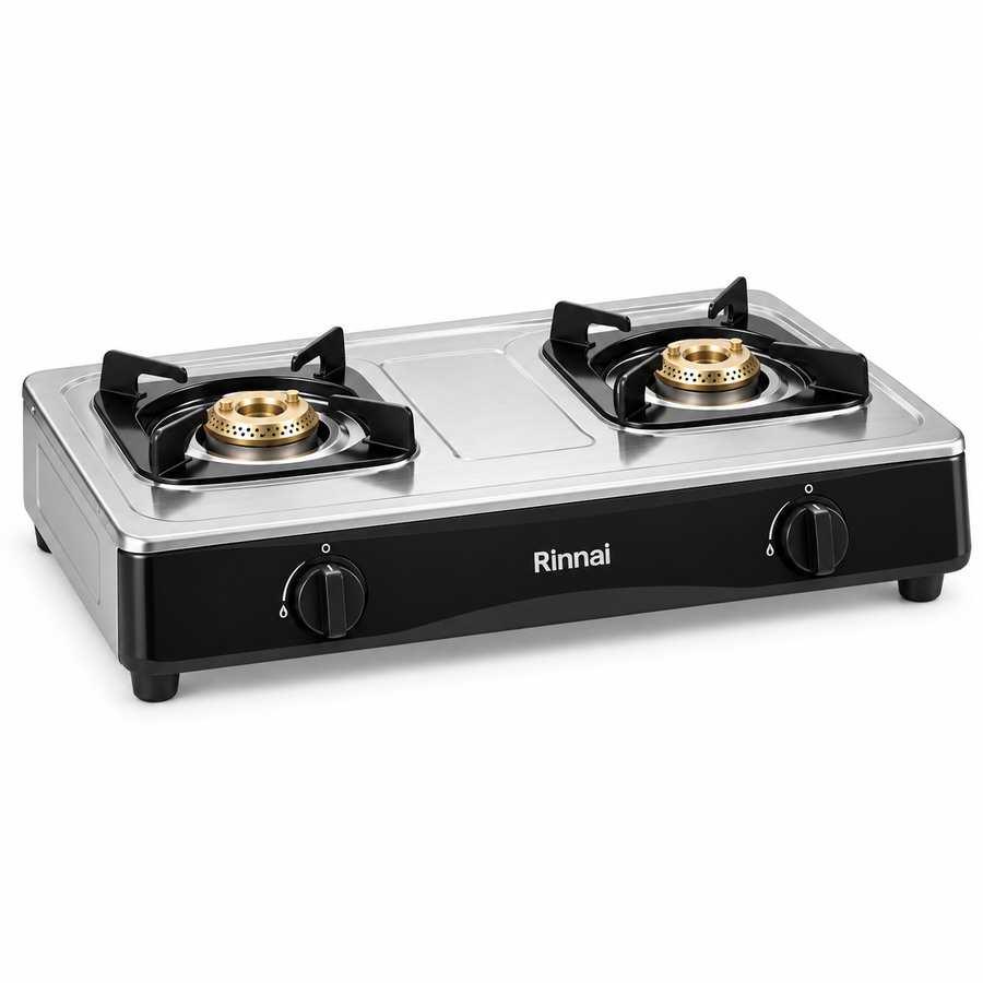 Rinnai RV-210RI 2-Burner Tabletop Gas Stove – Brass Burners, Stainless Steel, Silver
