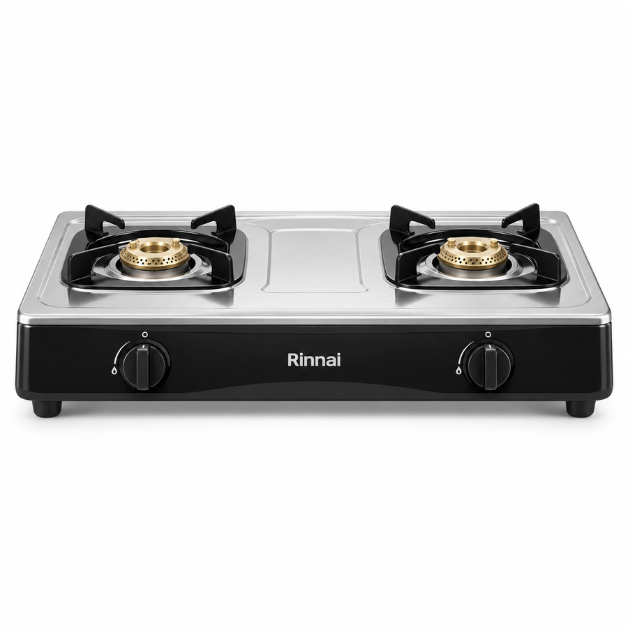 Rinnai RV-210RI 2-Burner Tabletop Gas Stove – Brass Burners, Stainless Steel, Silver