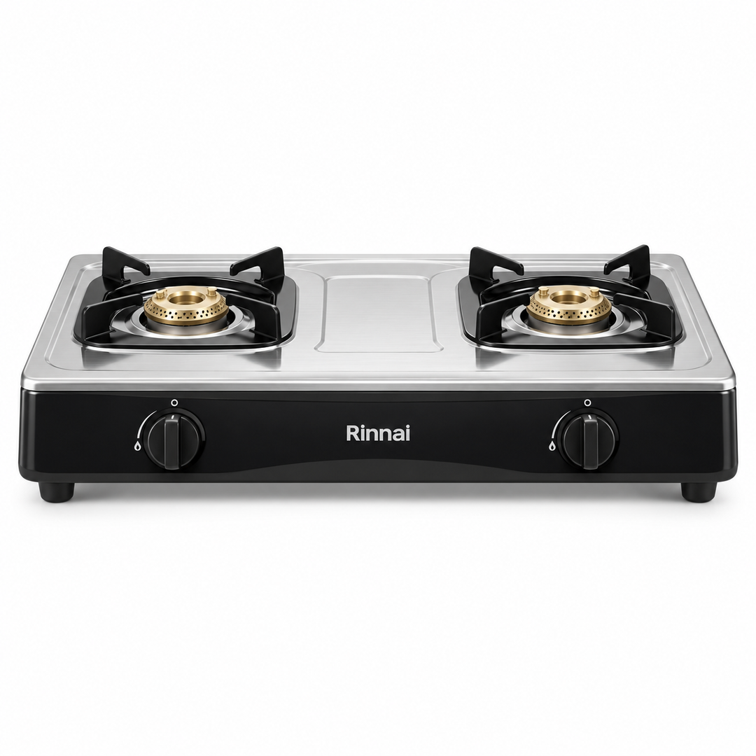 Rinnai RV-210RI 2-Burner Tabletop Gas Stove – Brass Burners, Stainless Steel, Silver