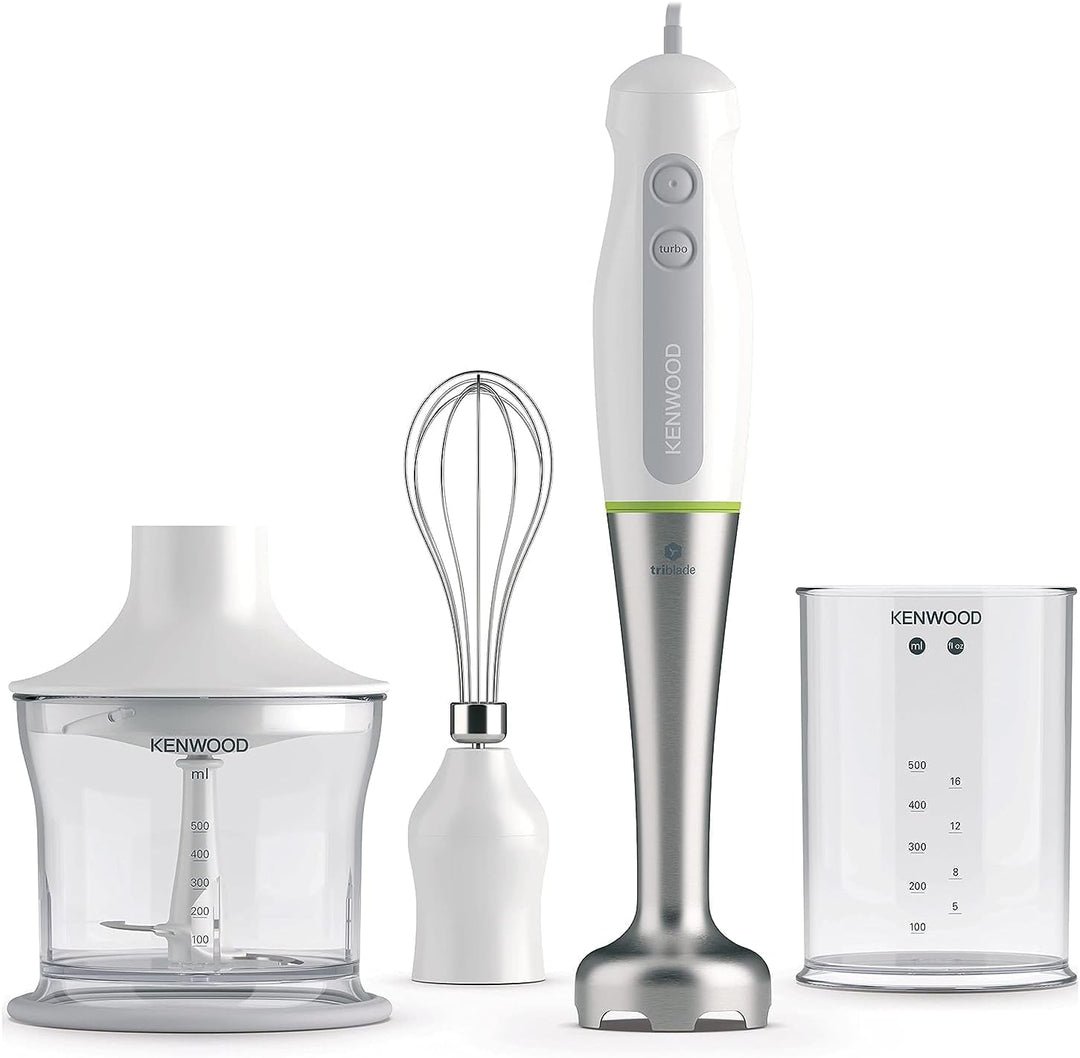 KENWOOD 600W Hand Blender with Chopper, Beaker, Whisk, Stainless Steel Wand HDP109WG - Teq Souq