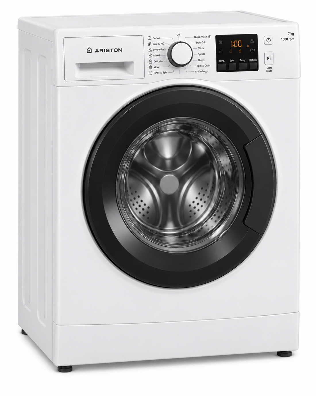 Ariston NS703UWGCC 7KG Front Load Washing Machine – 1000 RPM, 12 Wash Programs, Rapid 30-Minute Wash, White