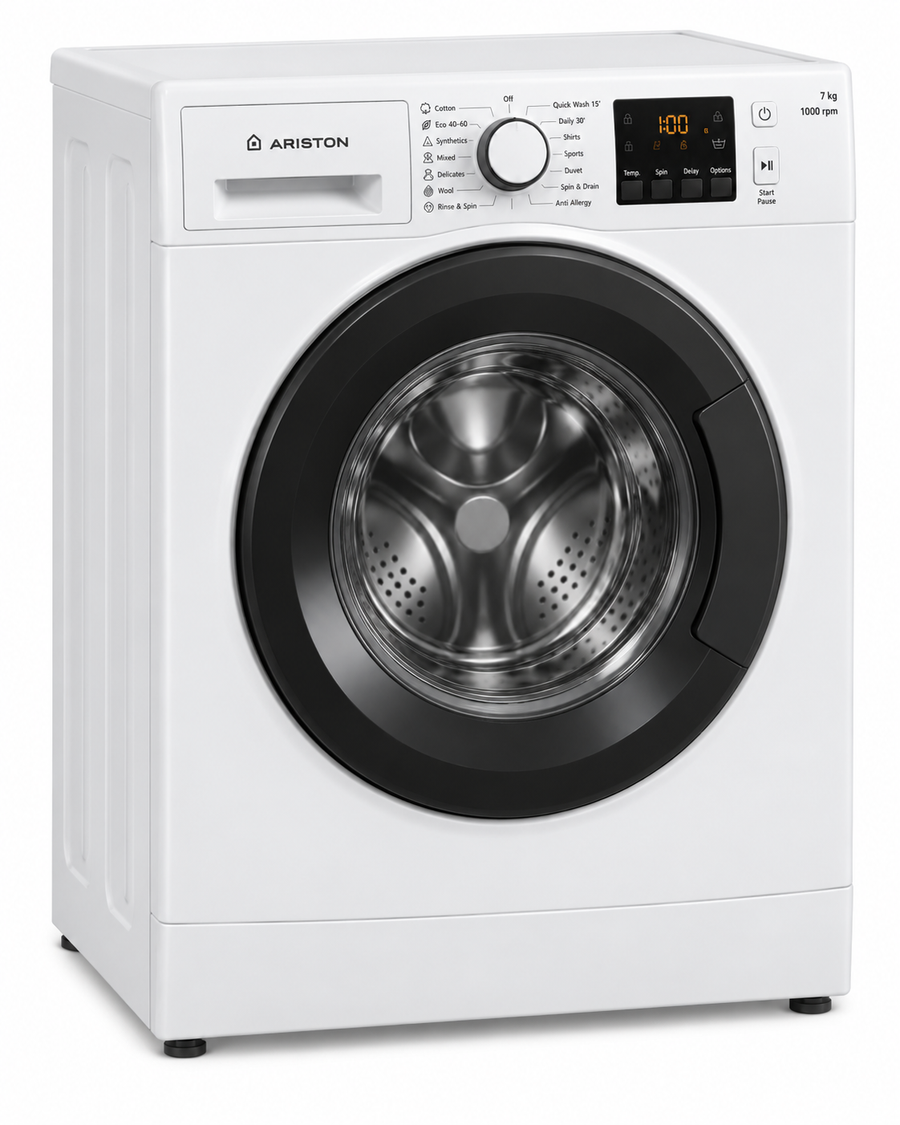 Ariston NS703UWGCC 7KG Front Load Washing Machine – 1000 RPM, 12 Wash Programs, Rapid 30-Minute Wash, White