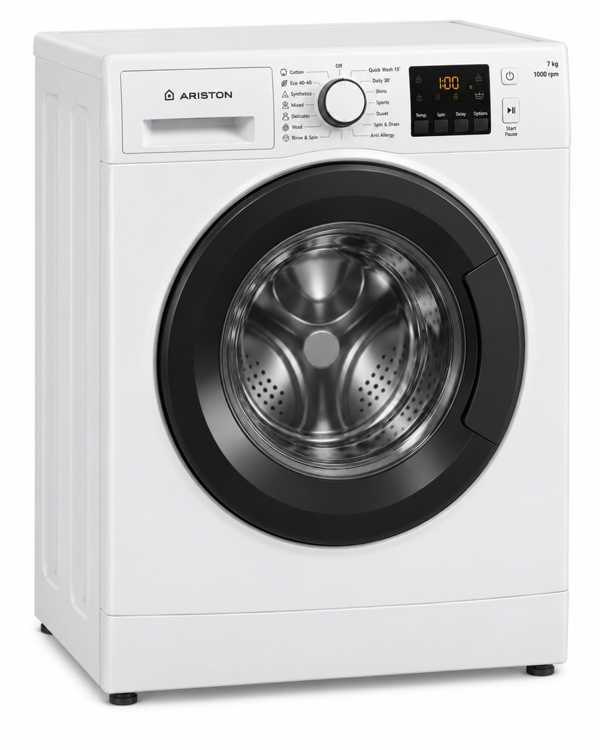 Ariston NS703UWGCC 7KG Front Load Washing Machine – 1000 RPM, 12 Wash Programs, Rapid 30-Minute Wash, White
