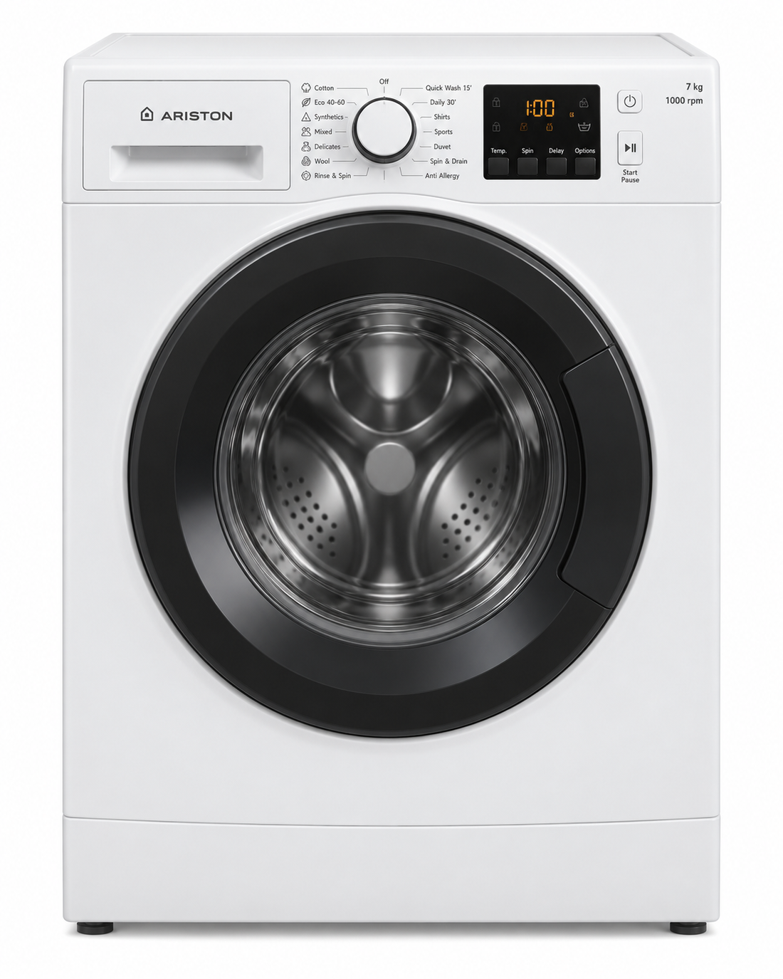 Ariston NS703UWGCC 7KG Front Load Washing Machine – 1000 RPM, 12 Wash Programs, Rapid 30-Minute Wash, White
