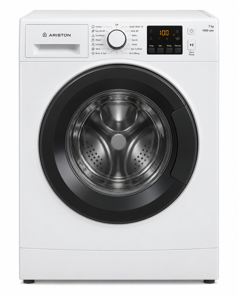 Ariston NS703UWGCC 7KG Front Load Washing Machine – 1000 RPM, 12 Wash Programs, Rapid 30-Minute Wash, White