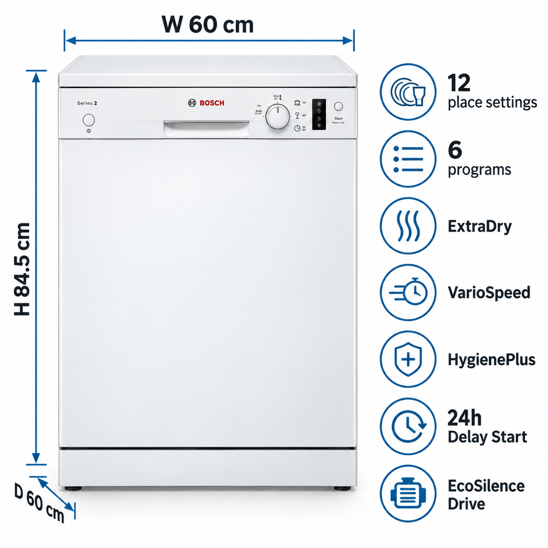 Bosch SMS26AW00M Series 2 Freestanding Dishwasher, 12 Place Settings, 6 Programs, ExtraDry, EcoSilence Drive, White