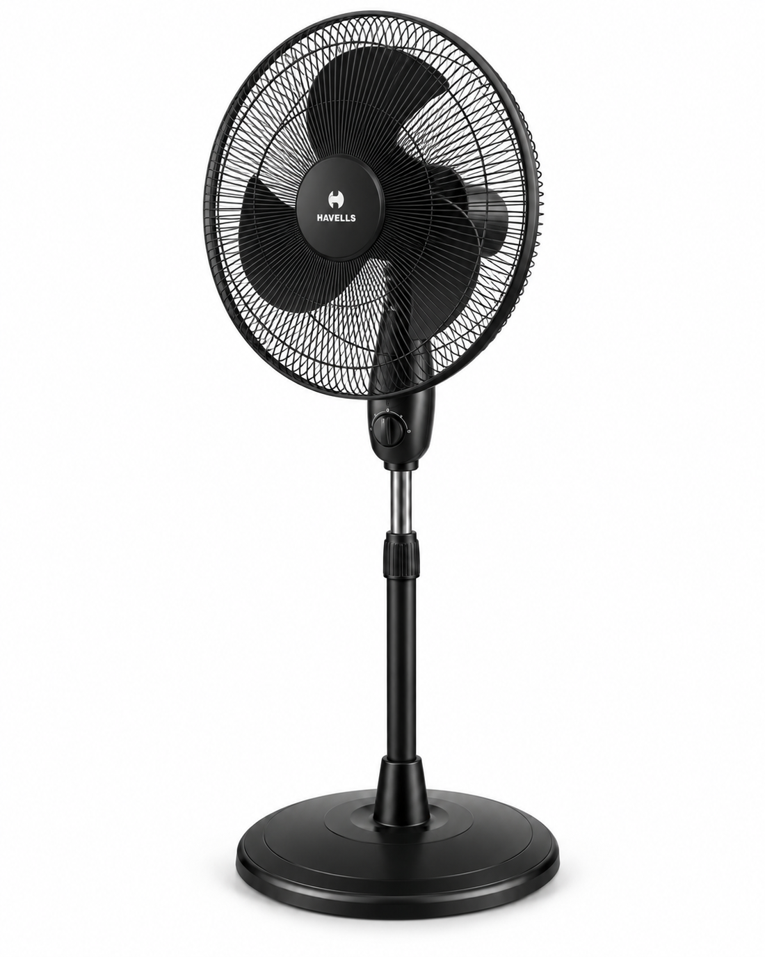 Havells Glanzo FOSGZBLK16021 16-Inch Pedestal Stand Fan – 50W Copper Motor, 3 Blades, 3 Speeds, Adjustable Height, Black - Teq Souq