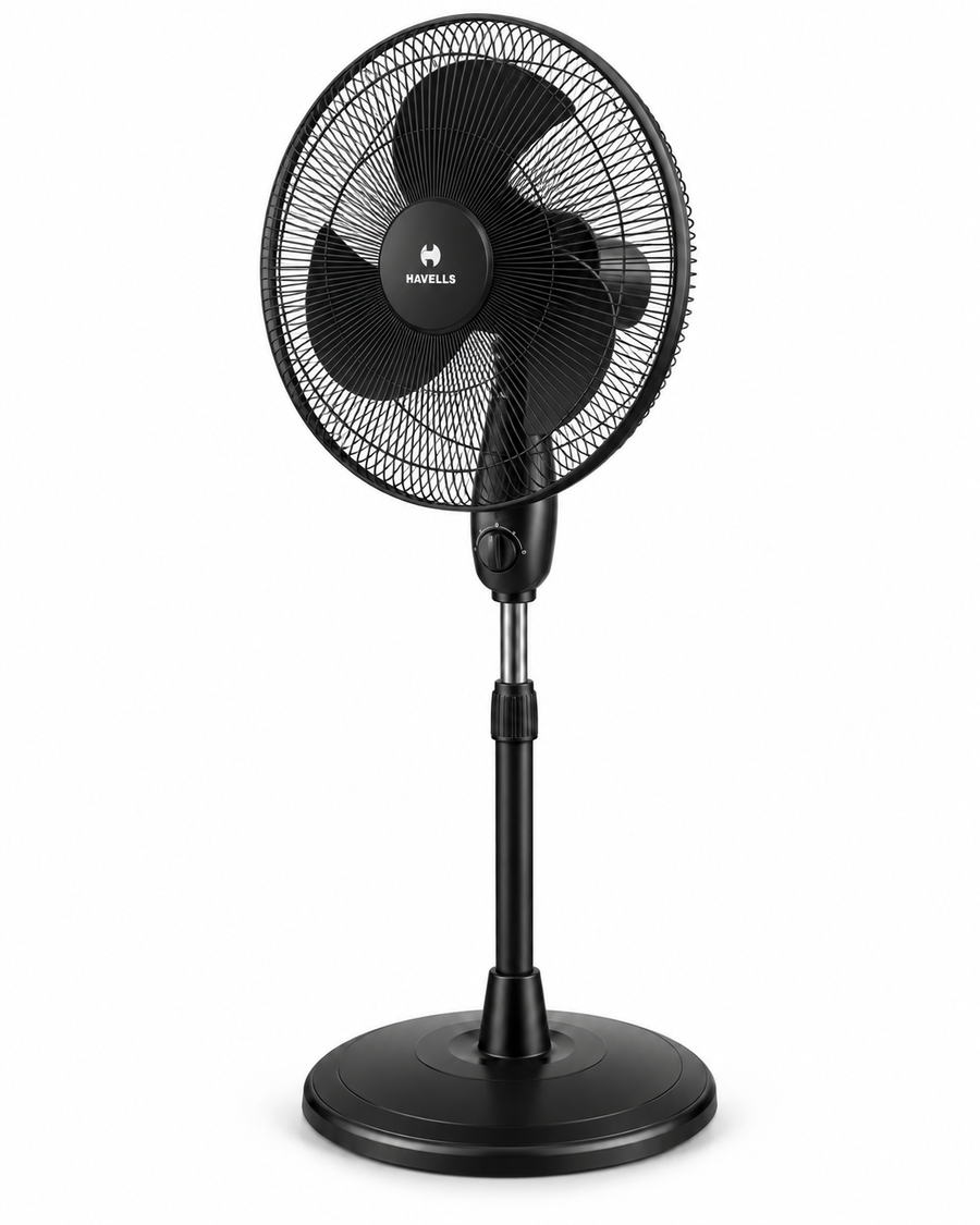 Havells Glanzo FOSGZBLK16021 16-Inch Pedestal Stand Fan – 50W Copper Motor, 3 Blades, 3 Speeds, Adjustable Height, Black - Teq Souq