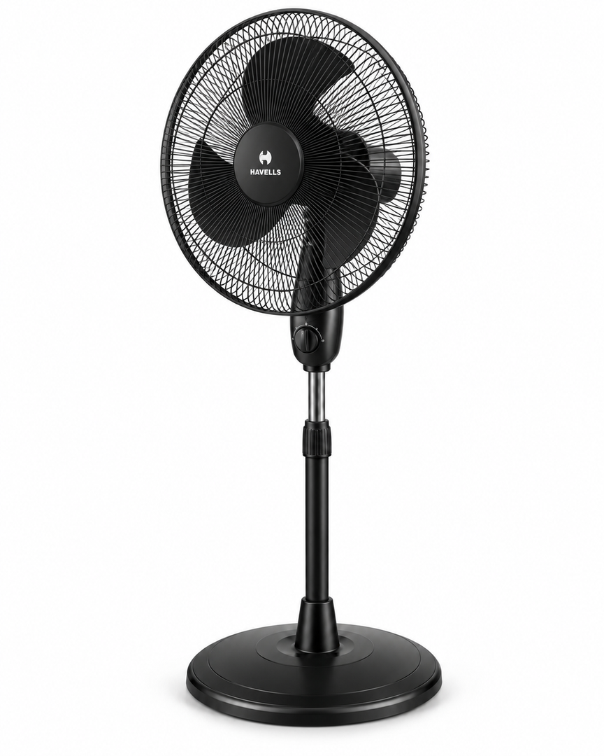 Havells Glanzo FOSGZBLK16021 16-Inch Pedestal Stand Fan – 50W Copper Motor, 3 Blades, 3 Speeds, Adjustable Height, Black - Teq Souq