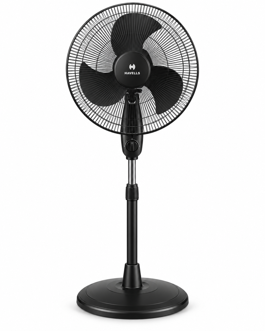Havells Glanzo FOSGZBLK16021 16-Inch Pedestal Stand Fan – 50W Copper Motor, 3 Blades, 3 Speeds, Adjustable Height, Black - Teq Souq