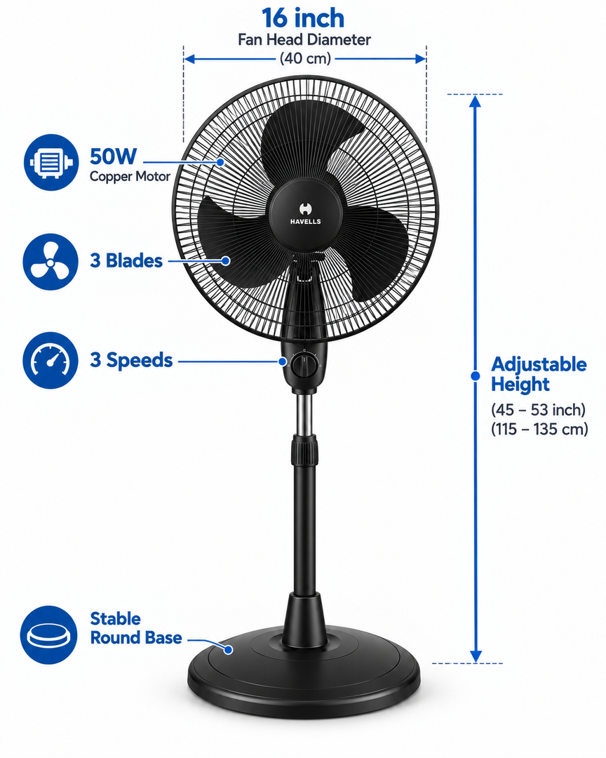 Havells Glanzo FOSGZBLK16021 16-Inch Pedestal Stand Fan – 50W Copper Motor, 3 Blades, 3 Speeds, Adjustable Height, Black - Teq Souq