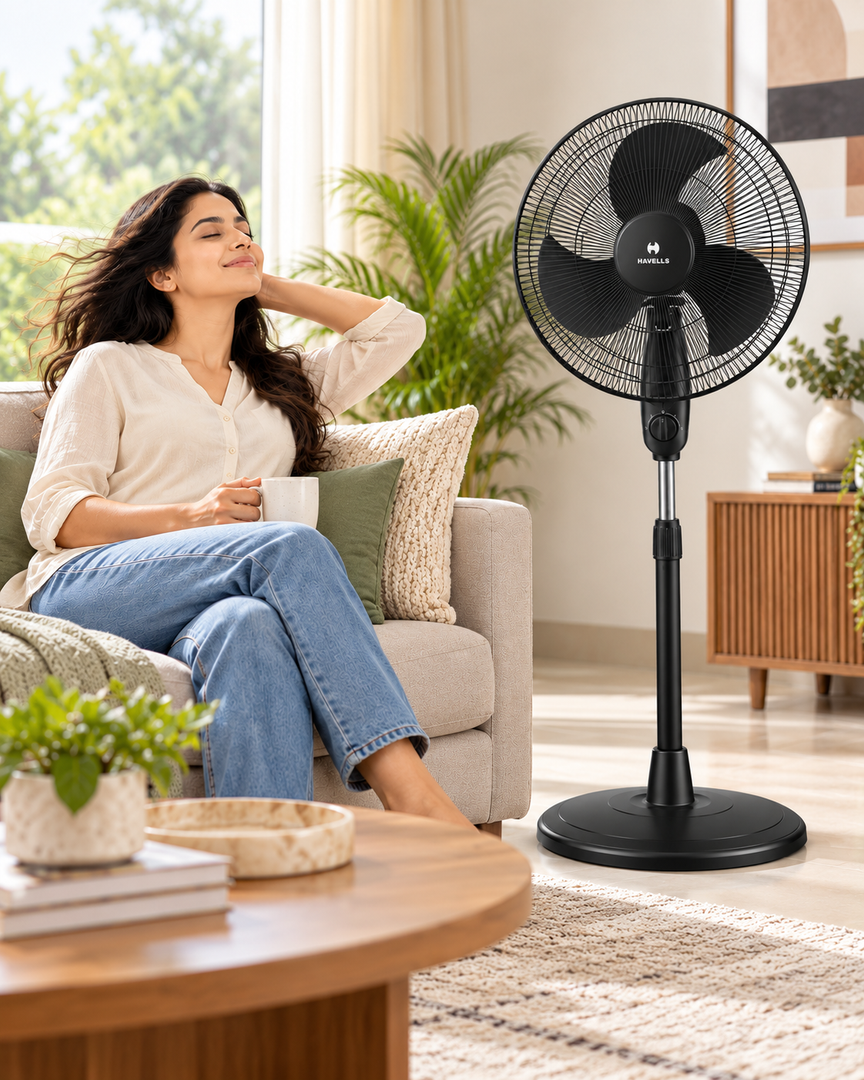 Havells Glanzo FOSGZBLK16021 16-Inch Pedestal Stand Fan – 50W Copper Motor, 3 Blades, 3 Speeds, Adjustable Height, Black - Teq Souq