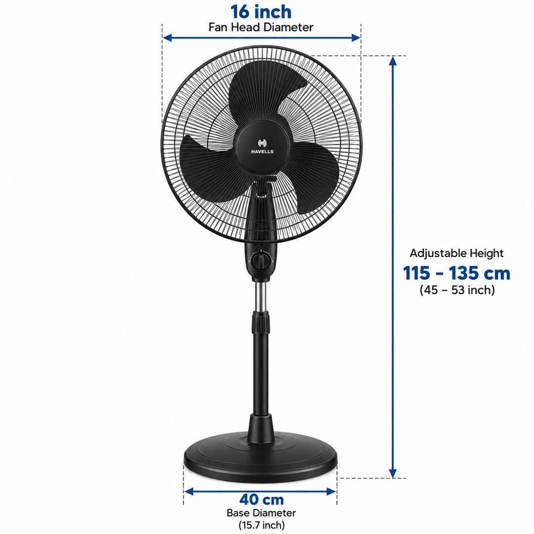 Havells Glanzo FOSGZBLK16120 16-Inch Pedestal Stand Fan – Black - Teq Souq