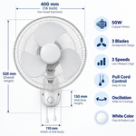 Load image into Gallery viewer, Havells FOWSBWHT16021 Standard 16-Inch Wall Fan – 50W Copper Motor, 3 Blades, 3 Speeds, Pull Cord Control, White - Teq Souq