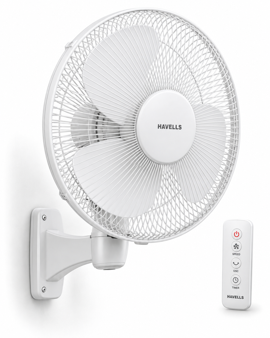 Havells FOWSBWHT16121 Standard 16-Inch Wall Fan – 50W Copper Motor, Remote Control, 3 Blades, Oscillation, White - Teq Souq