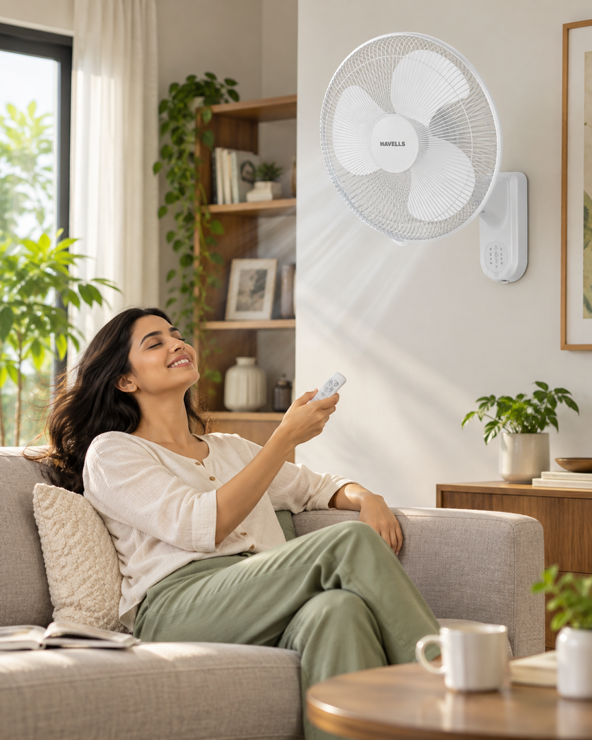 Havells FOWSBWHT16121 Standard 16-Inch Wall Fan – 50W Copper Motor, Remote Control, 3 Blades, Oscillation, White - Teq Souq