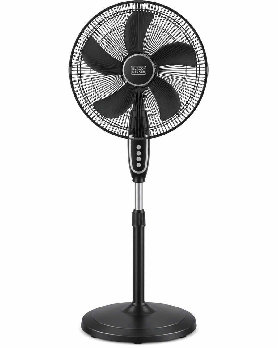 BLACK+DECKER FS1620-B5 16-Inch Pedestal Stand Fan – 60W, 5 Blades, 3 Speeds, 90° Oscillation, Adjustable Height, Black - Teq Souq