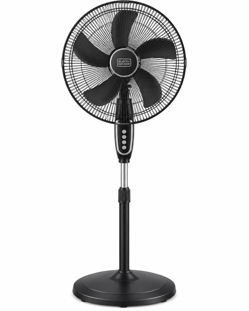 BLACK+DECKER FS1620-B5 16-Inch Pedestal Stand Fan – 60W, 5 Blades, 3 Speeds, 90° Oscillation, Adjustable Height, Black - Teq Souq
