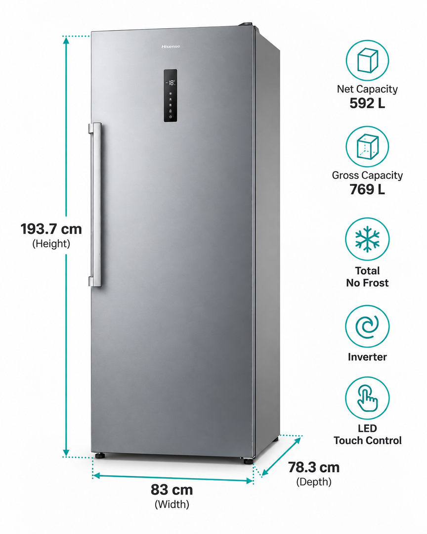 Hisense FV3N769NAI 769L Convertible Upright Freezer & Refrigerator – 592L Net, Total No Frost, Inverter, LED Touch Control, Silver - Teq Souq