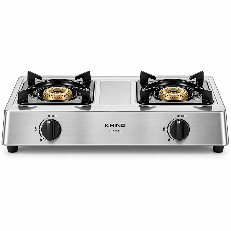 KHIND GC7110 2-Burner Gas Stove – Stainless Steel Tabletop Cooker, Automatic Ignition, Cast Iron Burners, Adjustable Flame - Teq Souq