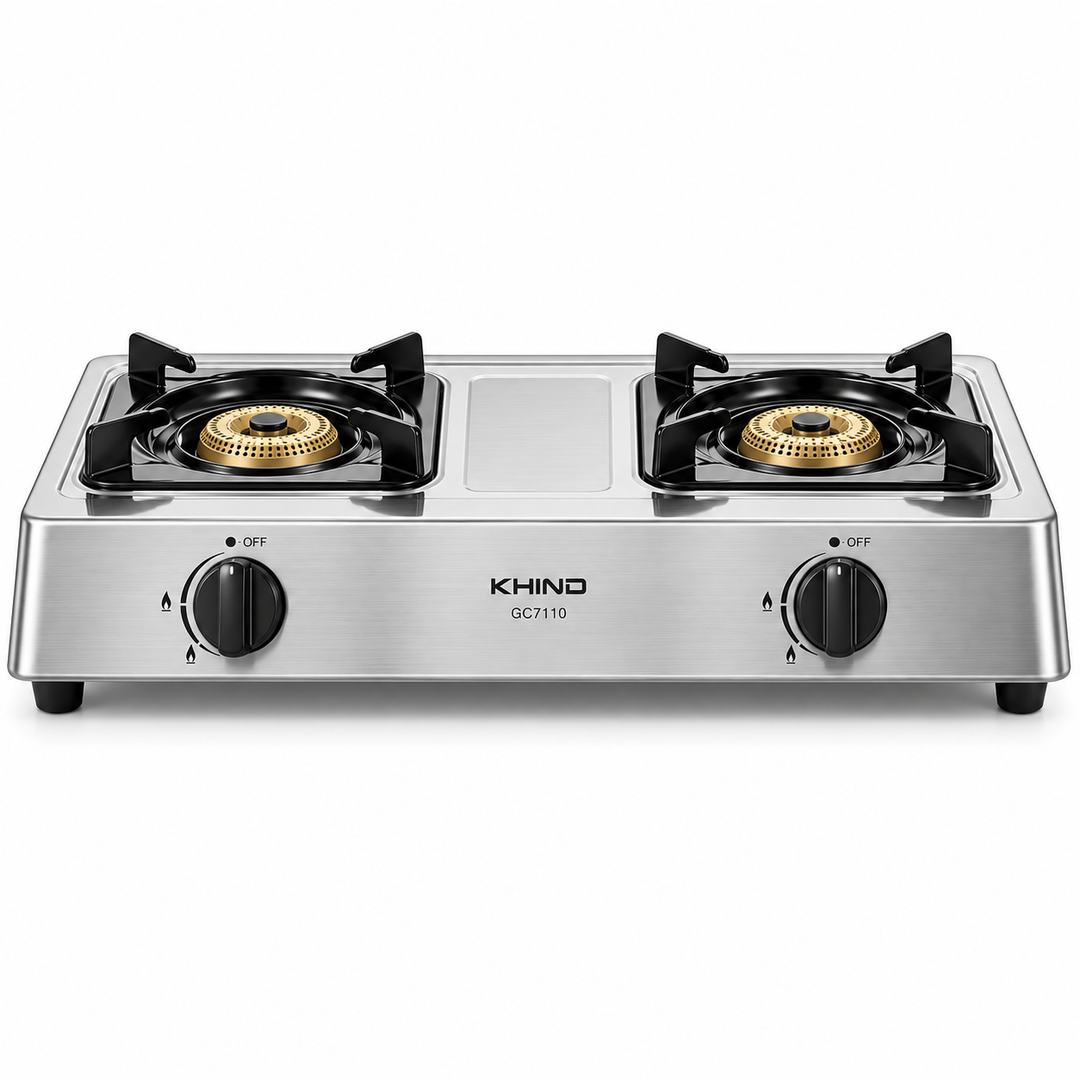 KHIND GC7110 2-Burner Gas Stove – Stainless Steel Tabletop Cooker, Automatic Ignition, Cast Iron Burners, Adjustable Flame - Teq Souq