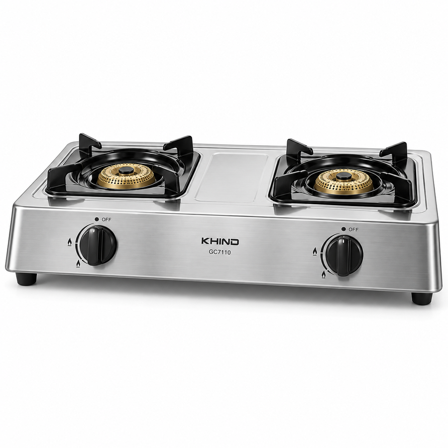 KHIND GC7110 2-Burner Gas Stove – Stainless Steel Tabletop Cooker, Automatic Ignition, Cast Iron Burners, Adjustable Flame - Teq Souq