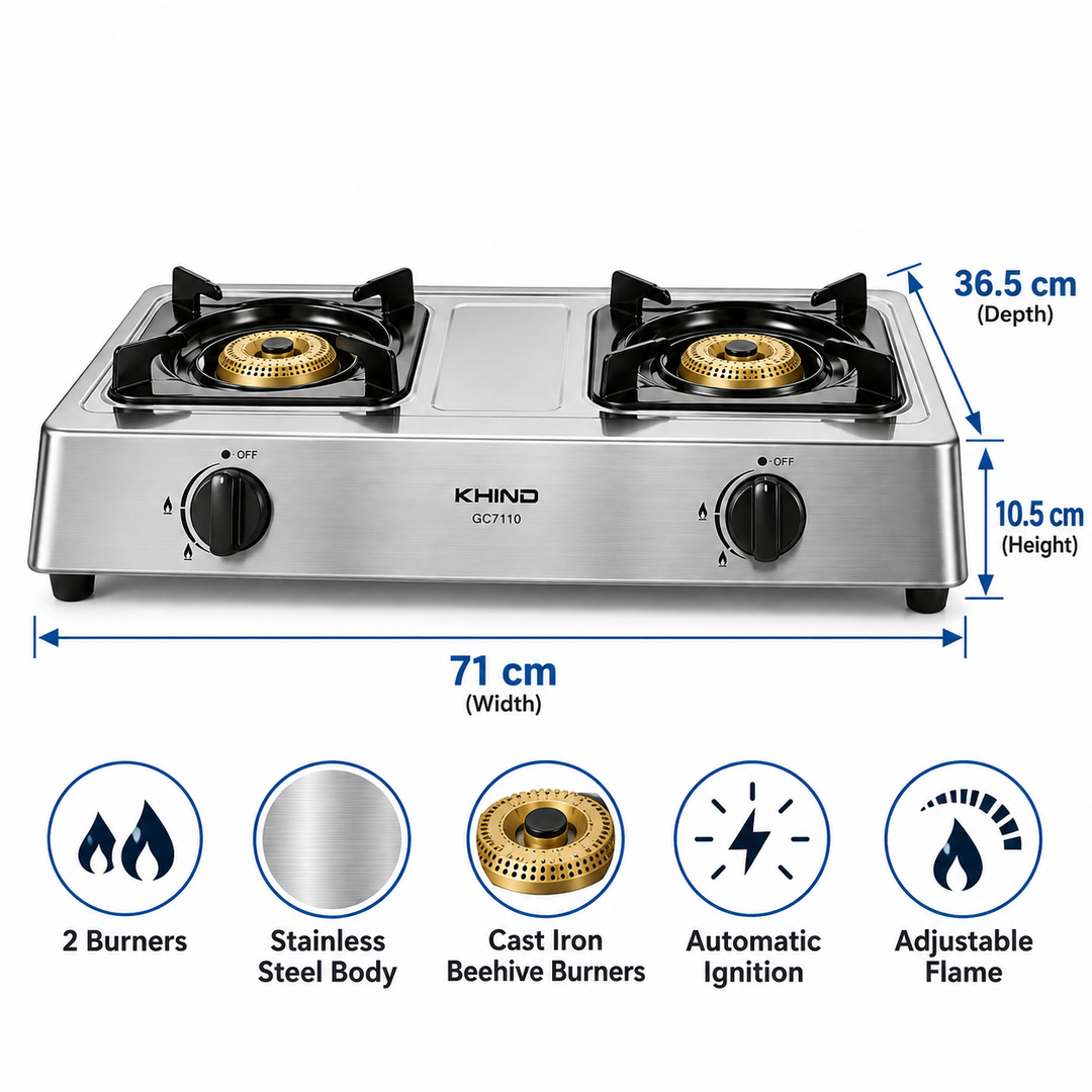 KHIND GC7110 2-Burner Gas Stove – Stainless Steel Tabletop Cooker, Automatic Ignition, Cast Iron Burners, Adjustable Flame - Teq Souq
