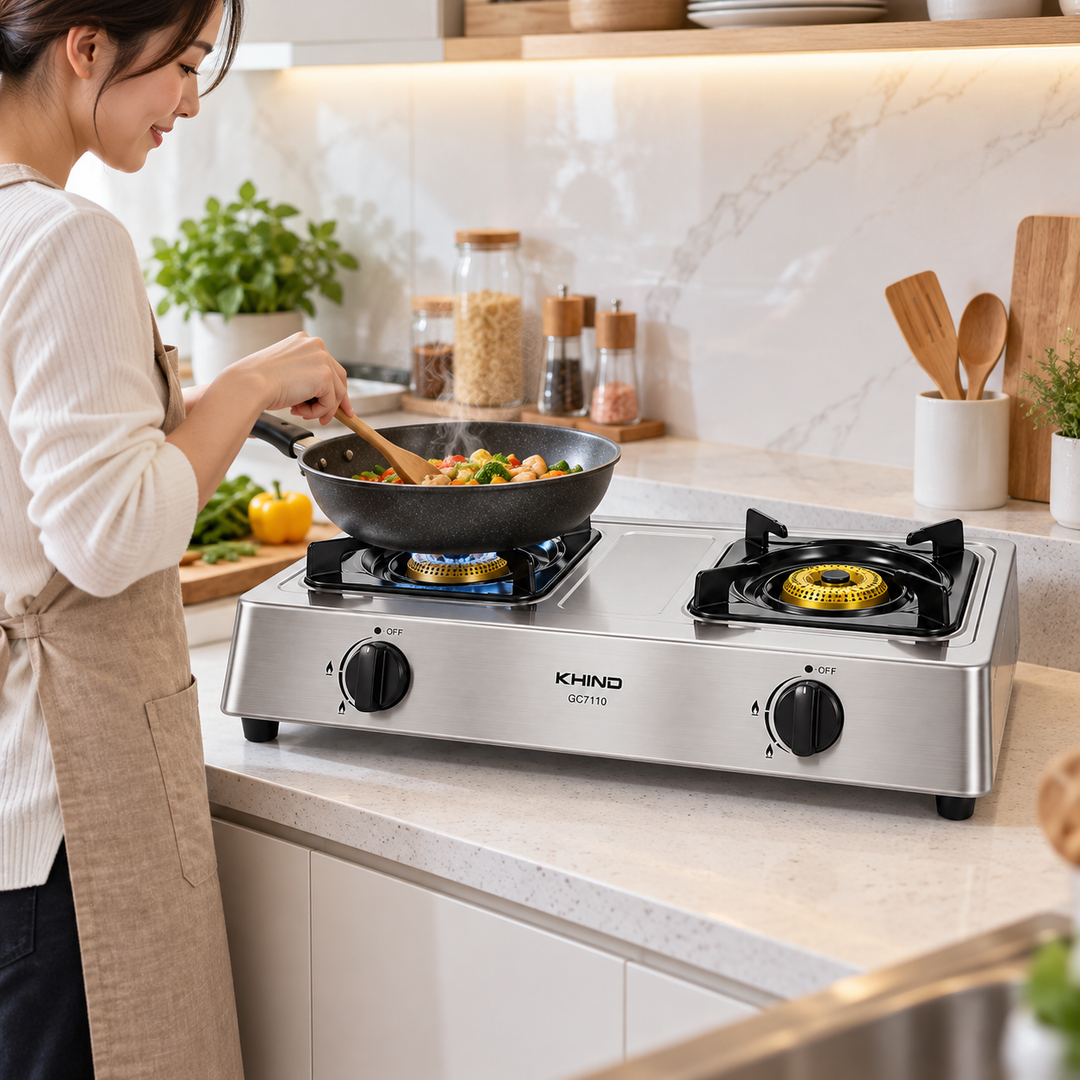 KHIND GC7110 2-Burner Gas Stove – Stainless Steel Tabletop Cooker, Automatic Ignition, Cast Iron Burners, Adjustable Flame - Teq Souq