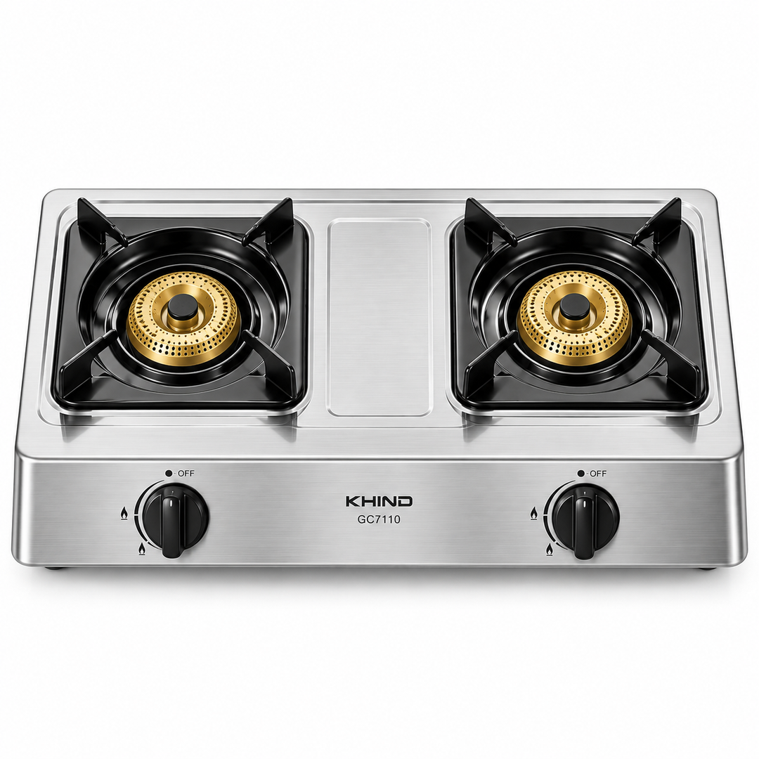 KHIND GC7110 2-Burner Gas Stove – Stainless Steel Tabletop Cooker, Automatic Ignition, Cast Iron Burners, Adjustable Flame - Teq Souq