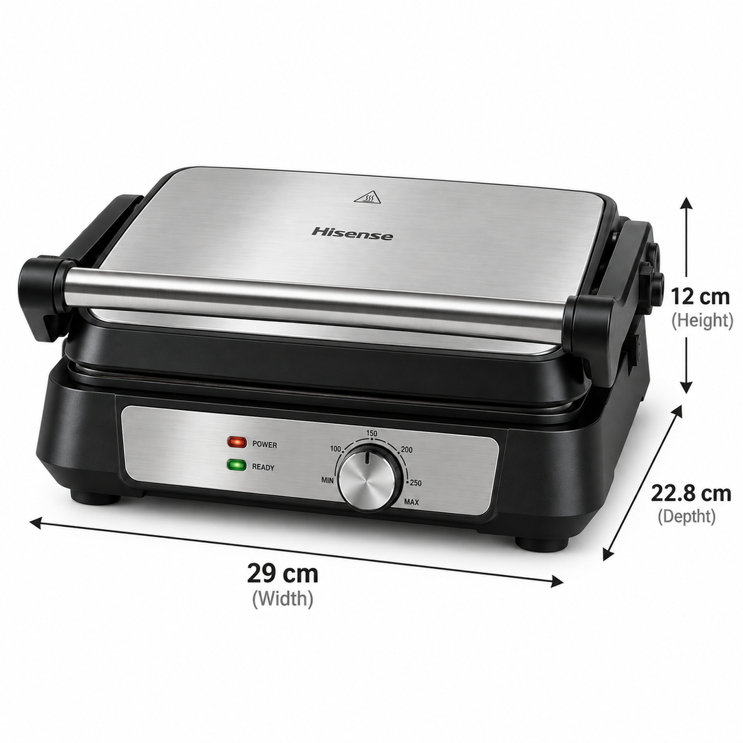 Hisense H181CG01 2000W Electric Contact Grill & Sandwich Maker – 180° Open Grill, Reversible Non-Stick Plates, Adjustable Temperature - Teq Souq