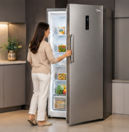 Midea HS-772FWE(SR) 772L Convertible Upright Freezer & Refrigerator – Frost Free, Quick Freeze, LED Display, Stainless Steel Silver - Teq Souq