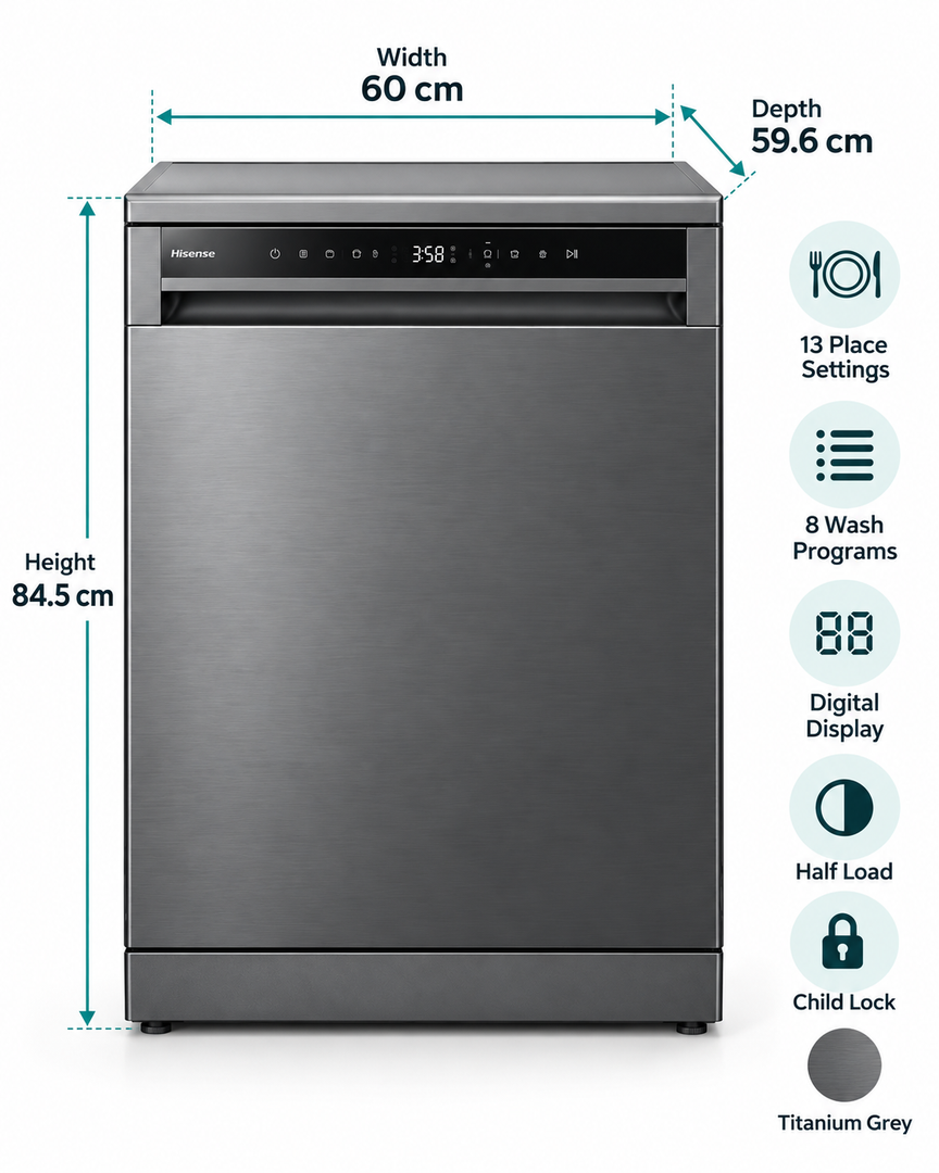Hisense HS622E90G 13 Place Settings Freestanding Dishwasher – 8 Wash Programs, Digital Display, Half Load, Child Lock, Titanium Grey - Teq Souq