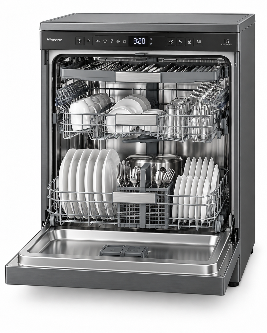 Hisense HS623E90G 15 Place Settings Freestanding Dishwasher – LED Display, Adjustable Baskets, Delay Start, Child Lock, Grey - Teq Souq