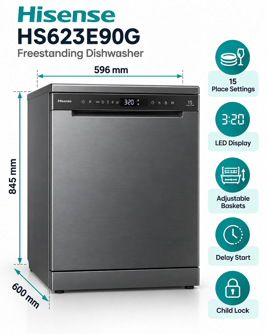 Hisense HS623E90G 15 Place Settings Freestanding Dishwasher – LED Display, Adjustable Baskets, Delay Start, Child Lock, Grey - Teq Souq