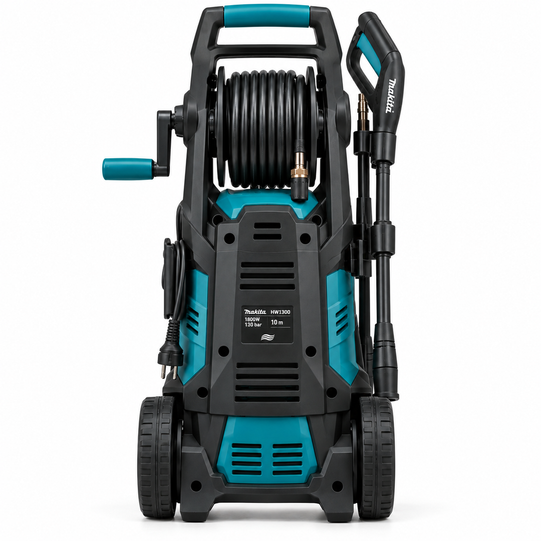 Makita HW1300 1800W High Pressure Washer – 130 Bar, 450L/H Max Flow, 10m Hose, Built-in Reel, Self-Priming, Blue/Black - Teq Souq