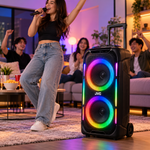 Load image into Gallery viewer, JVC XS-N3216PB Portable Bluetooth Trolley Party Speaker, 1200W PMPO, 3600mAh Battery, RGB LED Lights, Karaoke, Black