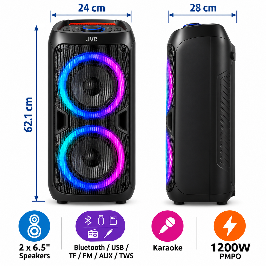 JVC XS-N4213PB Portable Bluetooth Party Speaker, Dual 6.5 Inch, 60W, 1200W PMPO, RGB LED Lights, Karaoke, Black