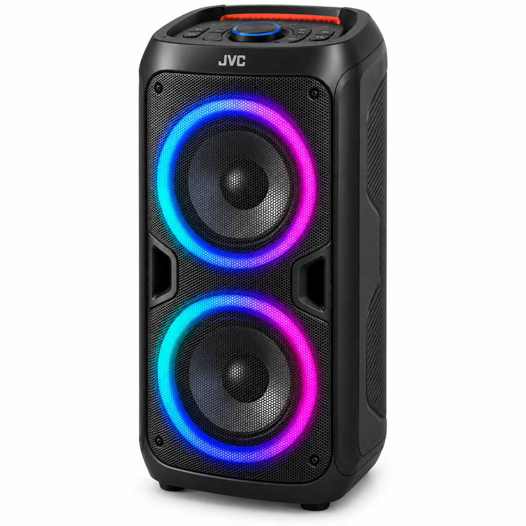 JVC XS-N4213PB Portable Bluetooth Party Speaker, Dual 6.5 Inch, 60W, 1200W PMPO, RGB LED Lights, Karaoke, Black