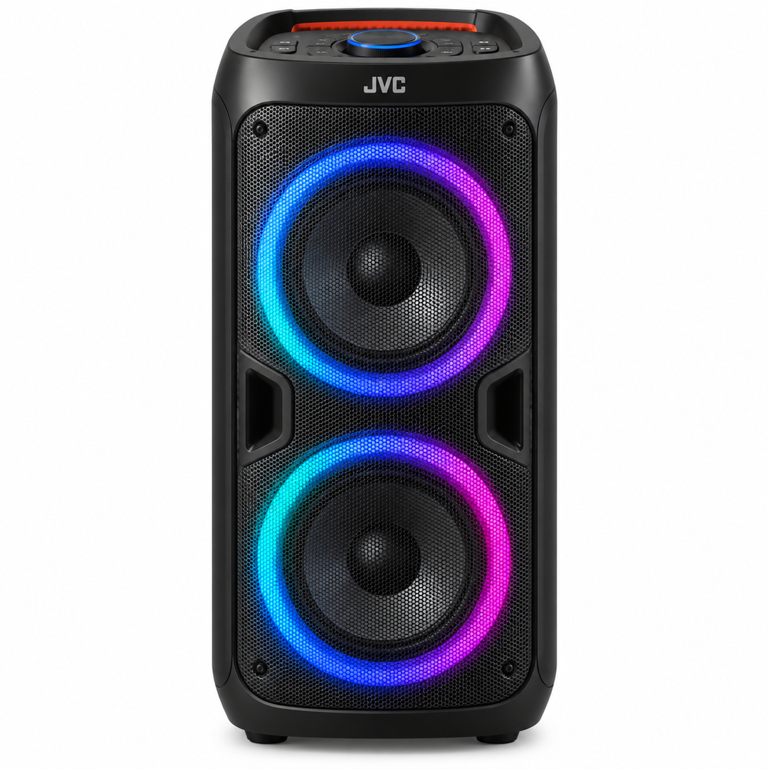JVC XS-N4213PB Portable Bluetooth Party Speaker, Dual 6.5 Inch, 60W, 1200W PMPO, RGB LED Lights, Karaoke, Black