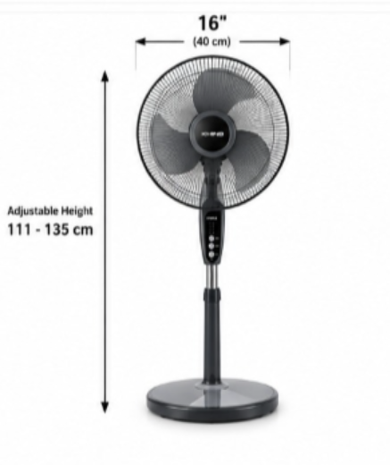KHIND SF1663G 16-Inch Convertible Stand Fan, 5 Blades, 3 Speeds, 50W, Adjustable Height, Black