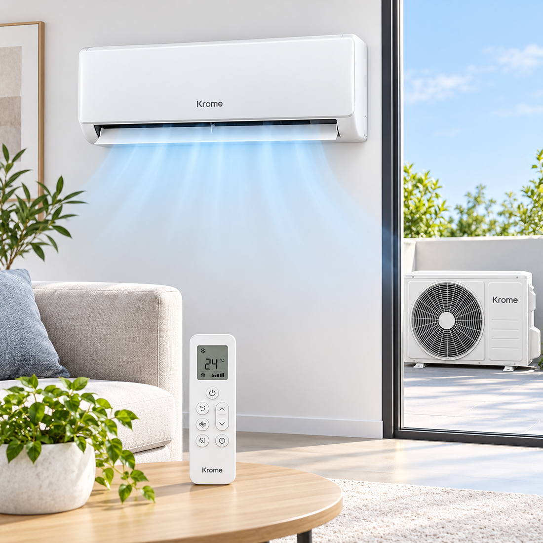 Krome KR-AR24MT3 2 Ton Split Air Conditioner – 24,000 BTU, Rotary Compressor, Turbo Cooling, R410A, White