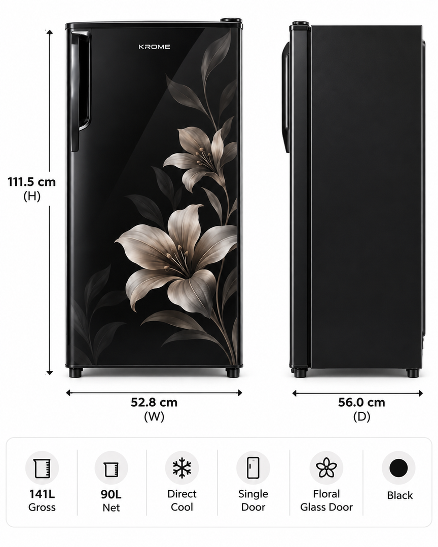 Krome KR-RF141GG 141L Gross Single Door Refrigerator – 90L Net, Direct Cool, Floral Glass Door, Compact Design, Black
