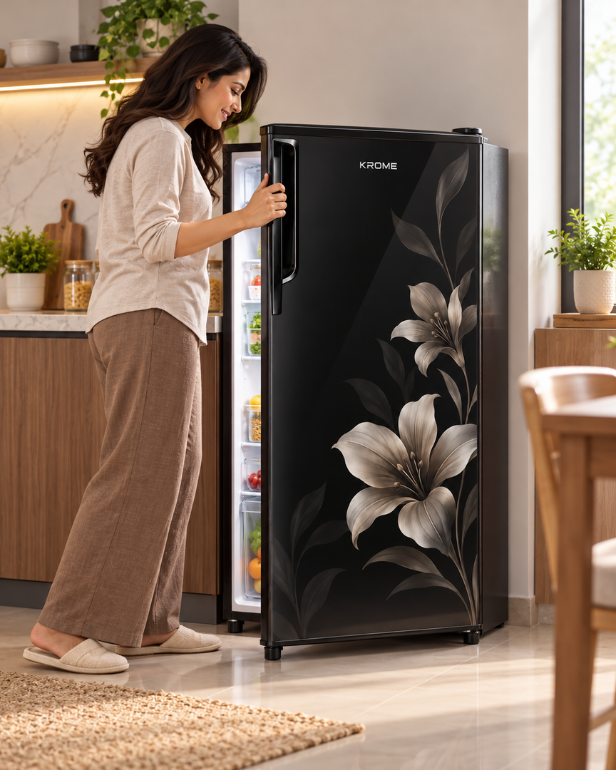 Krome KR-RF141GG 141L Gross Single Door Refrigerator – 90L Net, Direct Cool, Floral Glass Door, Compact Design, Black